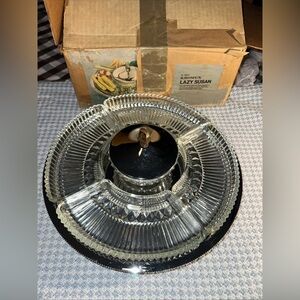 1950’ Kromex Lazy Susan Glass Relish Server with Chrome Tray #300